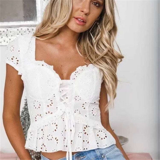 Openwork lace-up shirt top