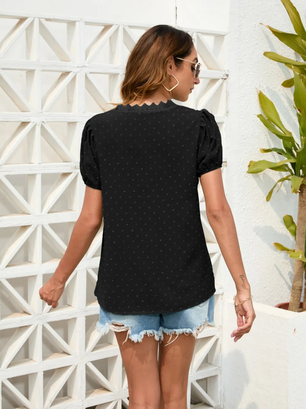 Dot Lace Detail V-Neck Blouse