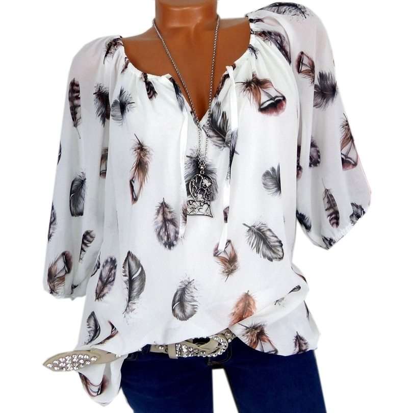 Feather printed V-neck shirt