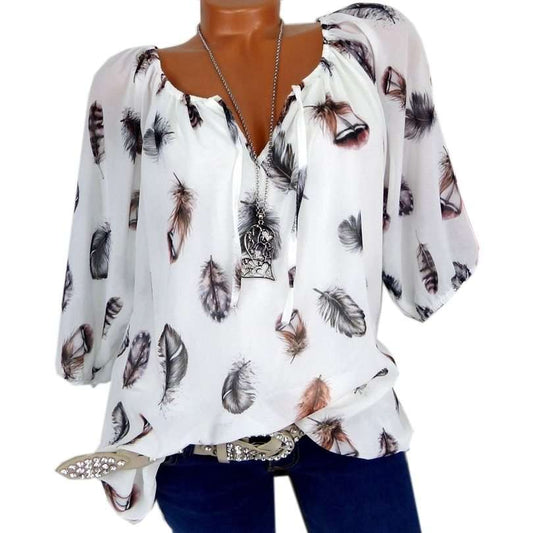 Feather printed V-neck shirt