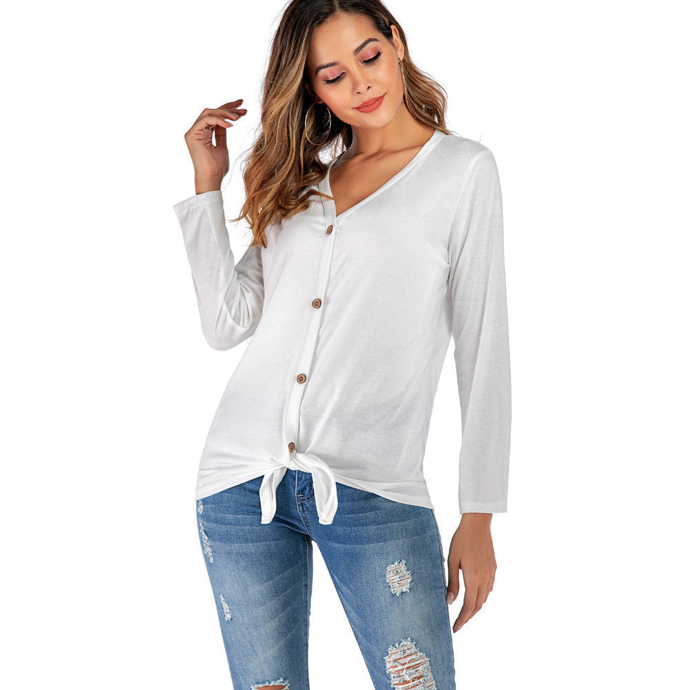 Women's V-neck Button Long-sleeved Cardigan T-shirt Bottoming Shirt
