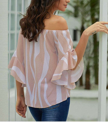 New European and American women's summer shirt tube top collar shirt five points trumpet sleeves striped shirt 251051