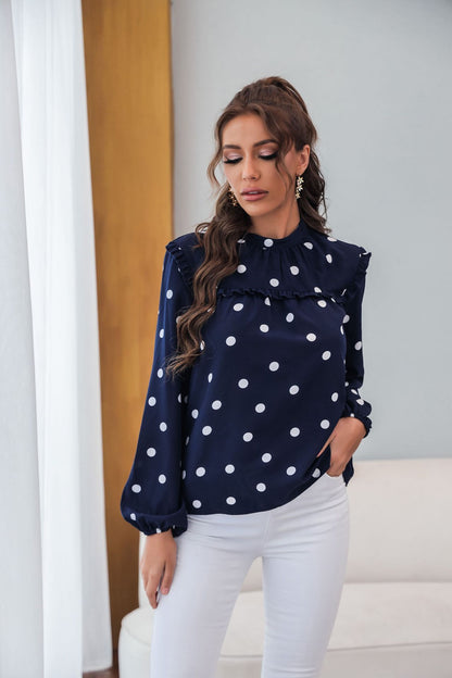 Stand-up Collar Shirt Loose Polka Dot French Shirt Bishop Sleeves Top
