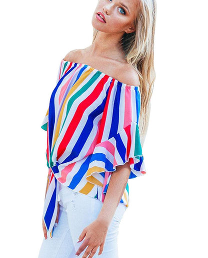 New European and American women's summer shirt tube top collar shirt five points trumpet sleeves striped shirt 251051