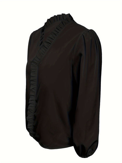 Pure Color Ruffle Hemline Shirt, Casual V-neck Long Sleeve Shirt.