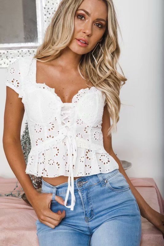 Openwork lace-up shirt top