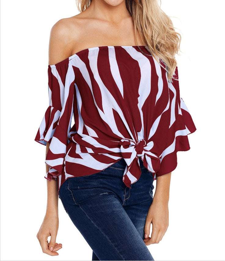 New European and American women's summer shirt tube top collar shirt five points trumpet sleeves striped shirt 251051