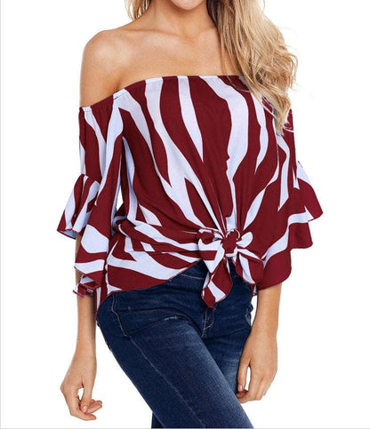 New European and American women's summer shirt tube top collar shirt five points trumpet sleeves striped shirt 251051