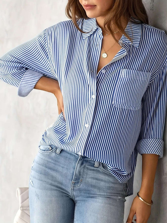 Ladies' Shirt, Classic Striped Print Casual Collar Long Sleeve With Pockets Shirt