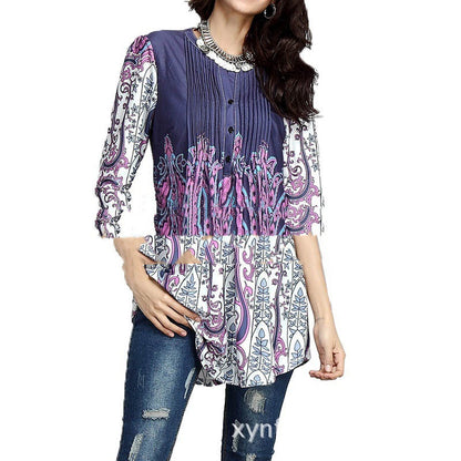 Beauty Clothing Printed Round Neck Pleated 34 Sleeve Top T-shirt Shirt