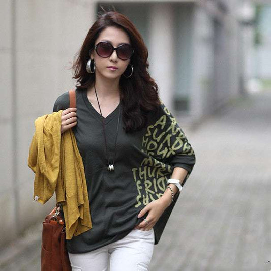Loose Bat Shirt Letter Print V-Neck Long-Sleeved T-Shirt