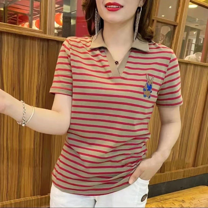 Striped Short-sleeved V-neck T-shirt Summer Slimming Versatile Bottoming Shirt
