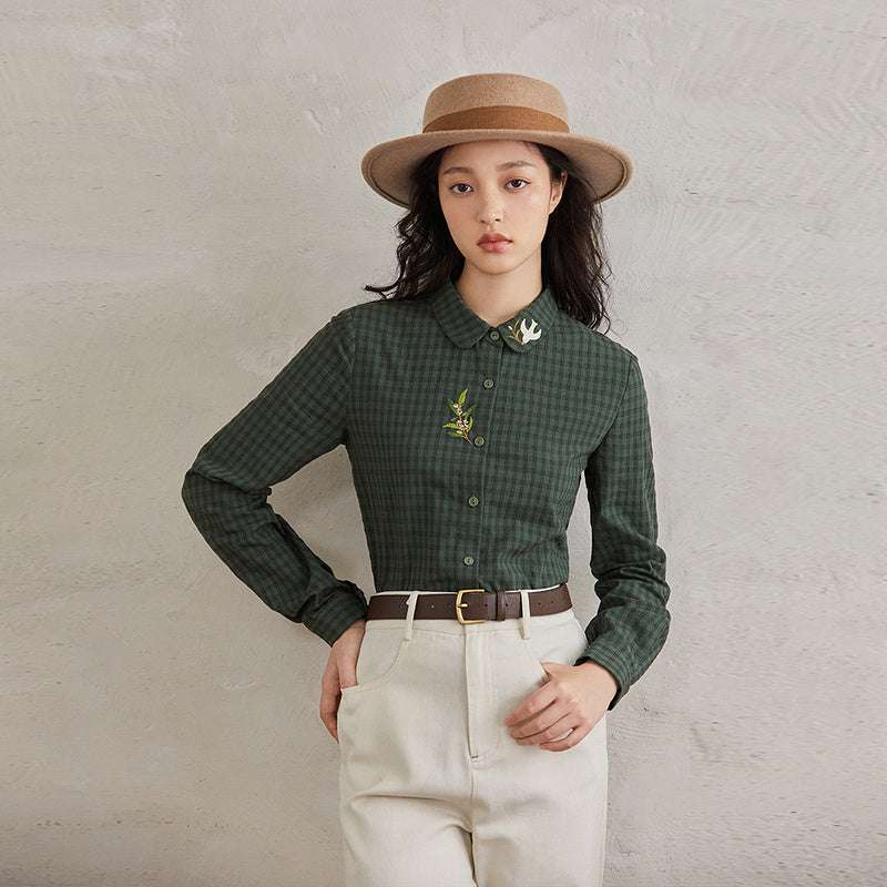 Plaid Embroidered Shirt Women's Pure Cotton Women's Slim Long-sleeved Shirt