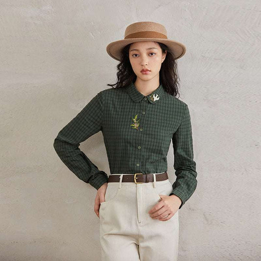 Plaid Embroidered Shirt Women's Pure Cotton Women's Slim Long-sleeved Shirt