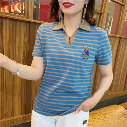 Striped Short-sleeved V-neck T-shirt Summer Slimming Versatile Bottoming Shirt