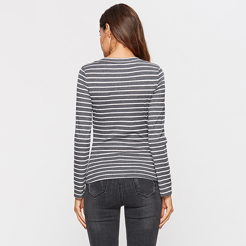 Slim Slim Sexy Deep V-Neck Striped T-Shirt Bottoming Shirt