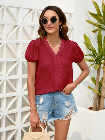 Dot Lace Detail V-Neck Blouse