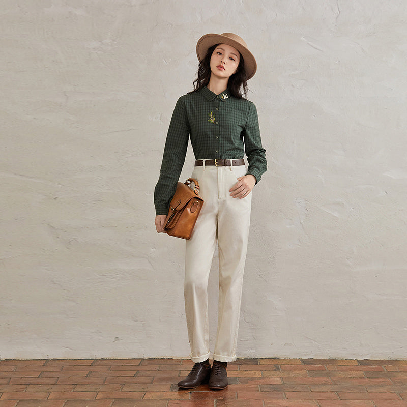 Plaid Embroidered Shirt Women's Pure Cotton Women's Slim Long-sleeved Shirt
