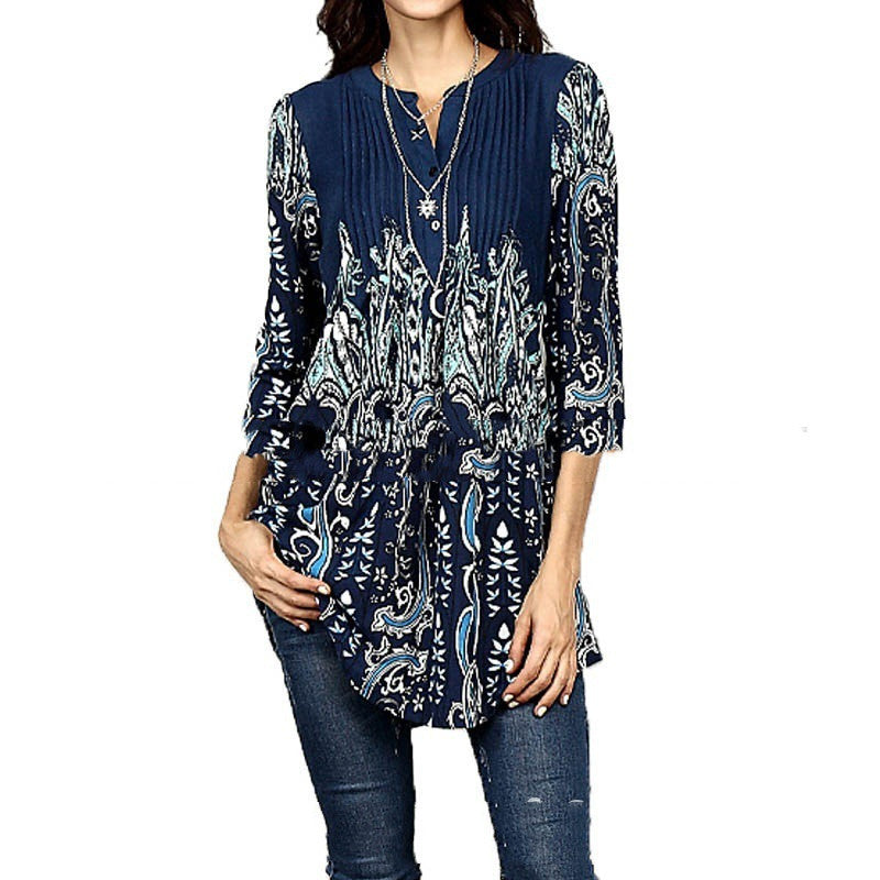 Beauty Clothing Printed Round Neck Pleated 34 Sleeve Top T-shirt Shirt