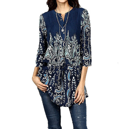 Beauty Clothing Printed Round Neck Pleated 34 Sleeve Top T-shirt Shirt