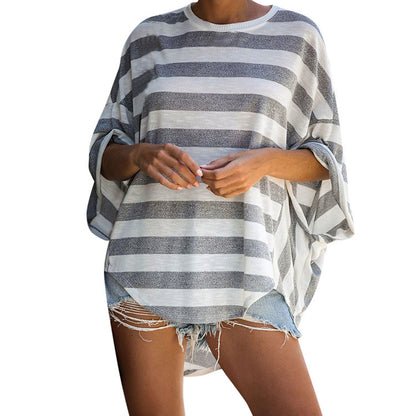 New Style Striped Loose Comfortable Middle-Sleeved Casual Bat Shirt Women's T-Shirt
