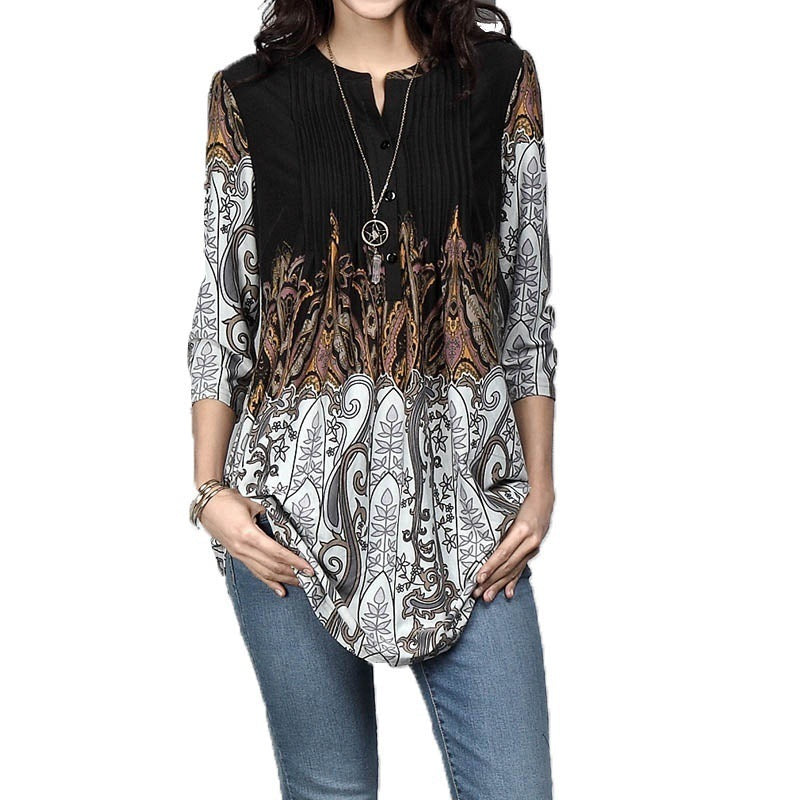 Beauty Clothing Printed Round Neck Pleated 34 Sleeve Top T-shirt Shirt