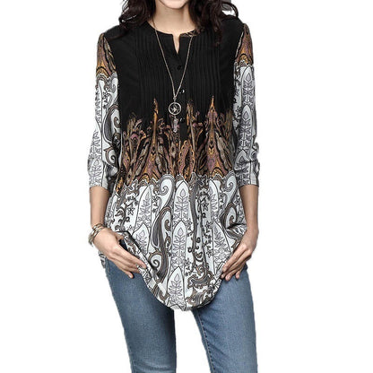 Beauty Clothing Printed Round Neck Pleated 34 Sleeve Top T-shirt Shirt