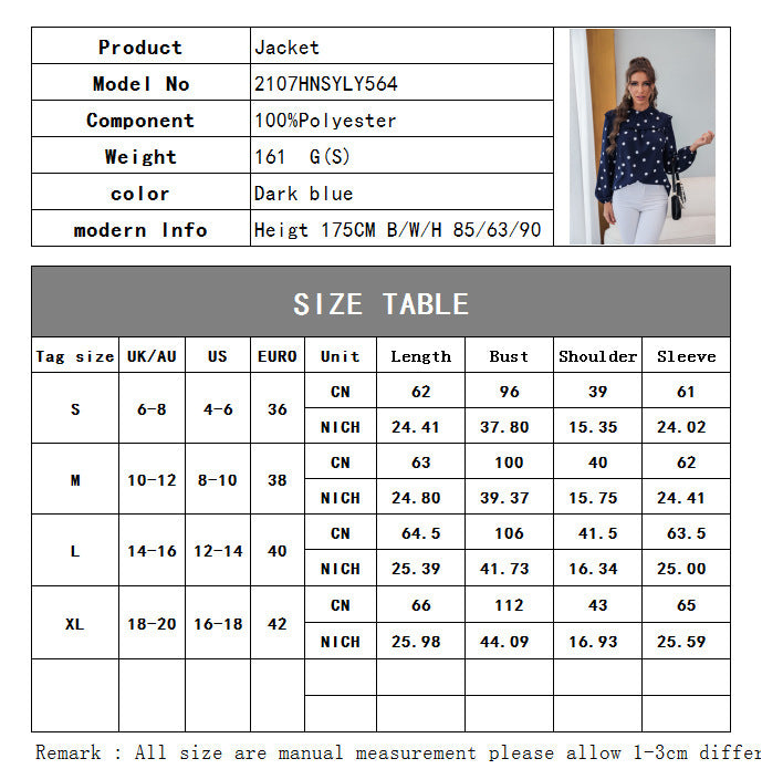 Stand-up Collar Shirt Loose Polka Dot French Shirt Bishop Sleeves Top