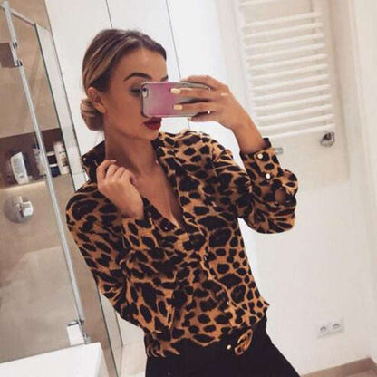 Explosive Fall Winter Slim Long Sleeve Shirt Leopard Print Top Shirt