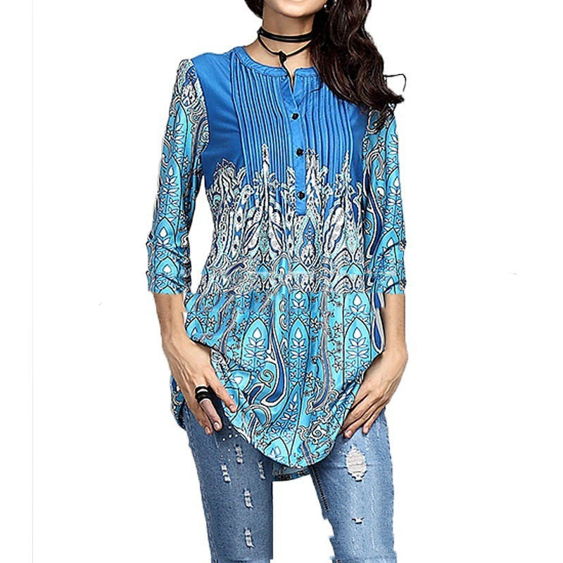Beauty Clothing Printed Round Neck Pleated 34 Sleeve Top T-shirt Shirt