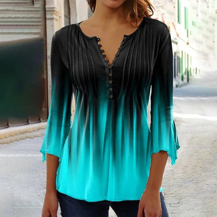 Women's Universal Buckle Collar Waist-tied Casual Flared V-neck Shirt T-shirt