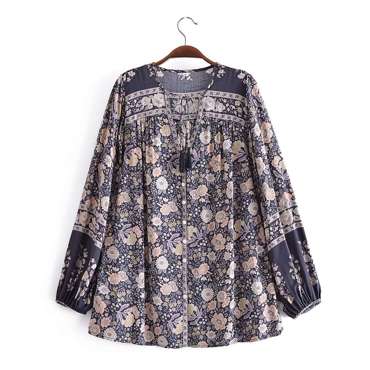 Vintage Rayon Washed Positioning Printing Tassel Shirt Row Long Sleeve Shirt